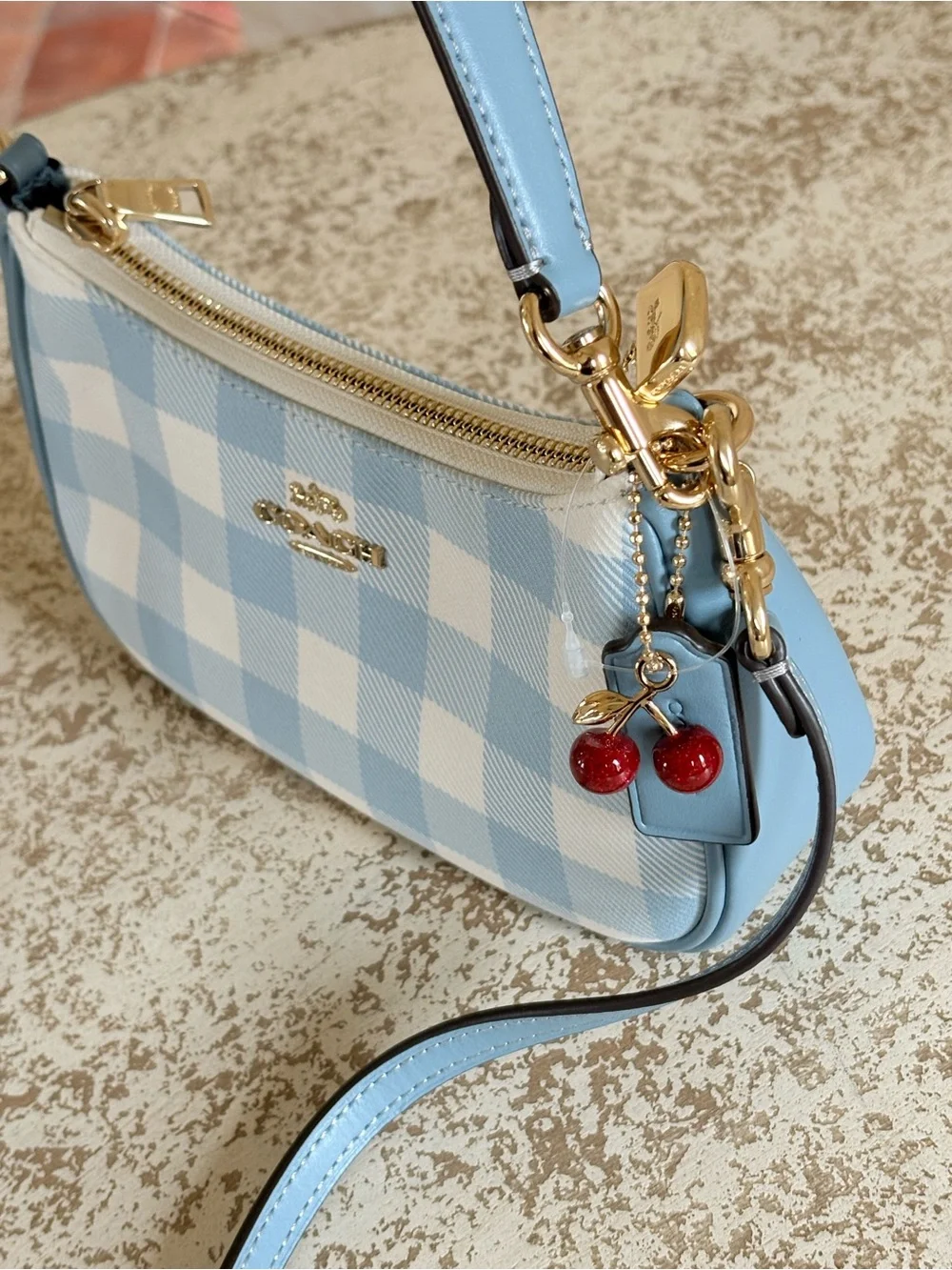 Coach Light Blue and White Gingham Mini Shoulder Bag with Cherry Charm